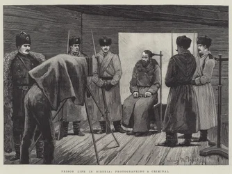 Gefängnisleben in Sibirien, einen Verbrecher fotografieren